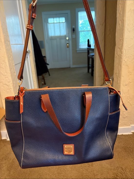 Dooney & Bourke Handbags - Dooney & Bourke Navy Pebble Leather Tote with Brown Trim and Adjustable Strap